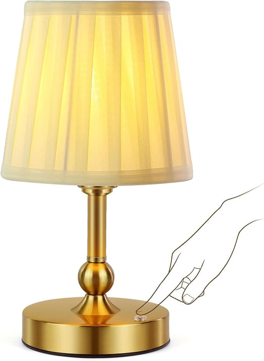 Cordless LED Table Lamp with Dimmer - 5200mAh Rechargeable Battery Operated Lamp Included 2700K Bulb, Gold Portable Stepless Touch Night Light for Bedroom Patio Home (Pleated Fabric Shade)
