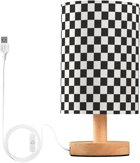 Bedside Lamp Black White Checkered Pattern Table Lamp for Bedroom LED Nightstand Lamp Shade USB Ports Wood Base for Living Room Dorm Office