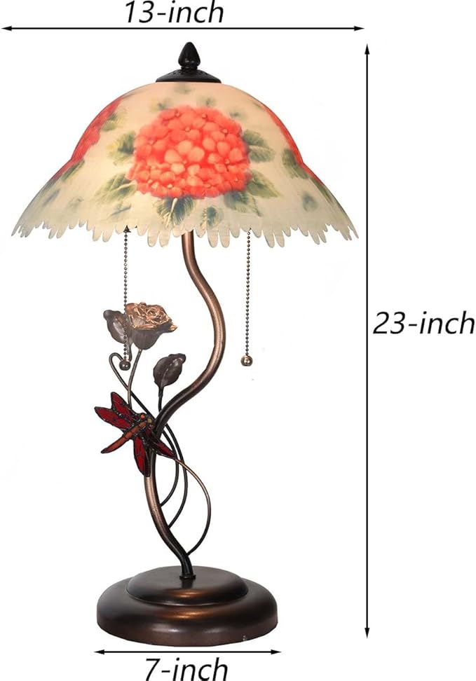 Bieye L10888 Hydrangea Hand-Painted Glass Table Lamp with Dragonfly Flower Lamp Base for Home Decor (Red)