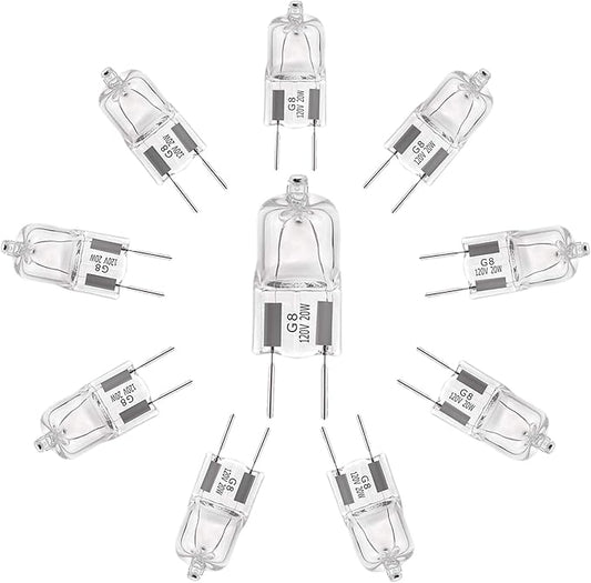 G8 Halogen Light Bulbs 20W 120V Under Cabinet Lighting Replacements 2Pin 2700K Warm White (Pack of 10)