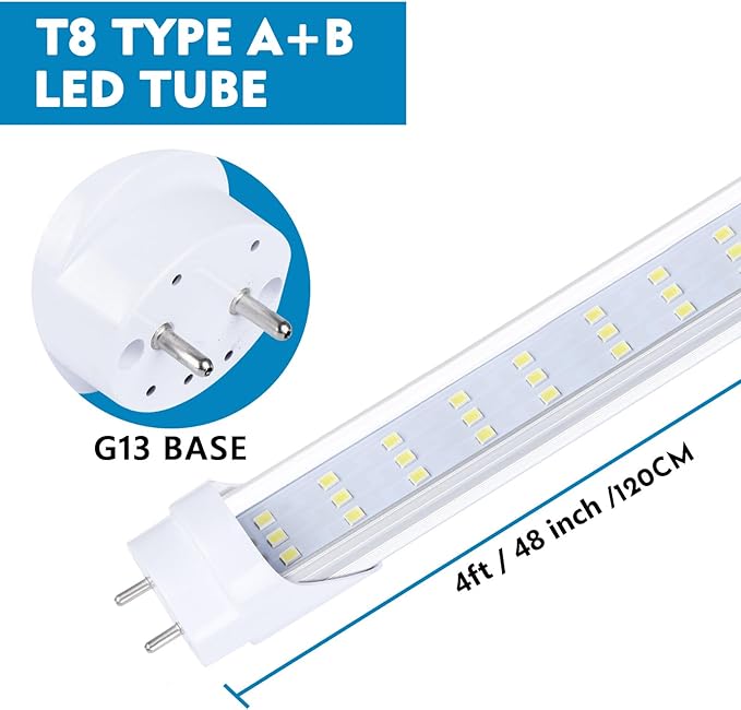 4 Pack, 4FT LED T8 Type A+B Tube Lights, 30W(80W Equivalent), 4000LM, 6000K, Clear Cover, Single or Double End Powered, Ballast Bypass, 4 Foot T10 T12 Fluorescent Bulbs Replacement