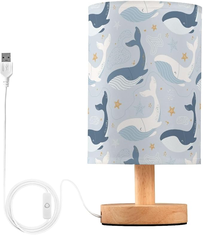 Bedside Lamp Cute Whales Marine Table Lamp for Bedroom LED Nightstand Lamp Shade USB Ports Wood Base for Living Room Dorm Office