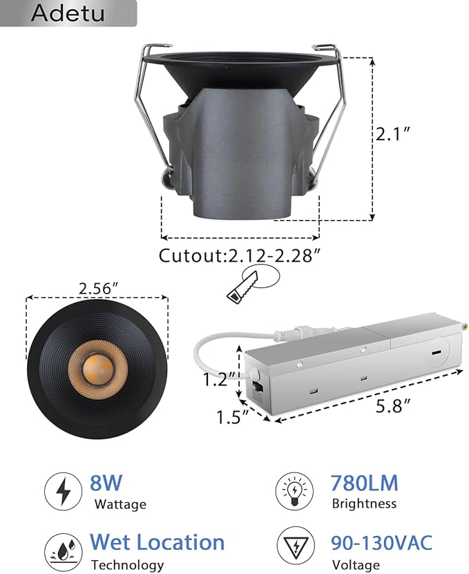 Adetu 2 Inch 5CCT Black LED Recessed Ceiling Light with Junction Box, 2700K/3000K/4000K/5000K Selectable, CRI90, 8W COB, 780LM, Dimmable Canless IP65 Waterproof Downlight-ETL&FCC (Black, 1 Pack)