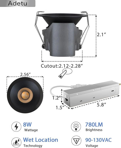 Adetu 2 Inch 5CCT Black LED Recessed Ceiling Light with Junction Box, 2700K/3000K/4000K/5000K Selectable, CRI90, 8W COB, 780LM, Dimmable Canless IP65 Waterproof Downlight-ETL&FCC (Black, 6 Packs)