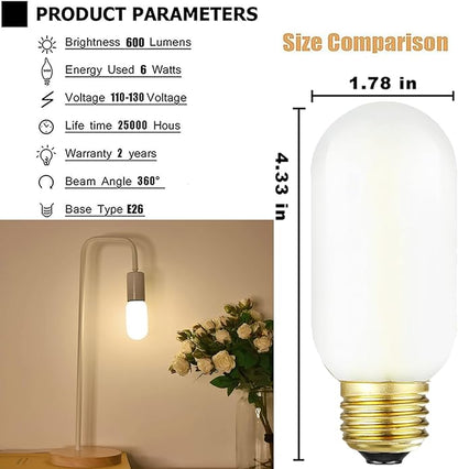 Leools E26 LED Bulb 6W Equivalent e26 led Bulb 60 Watt Warm White 2700K Frosted Glass Dimmable E26 Edison Bulb AC120V 600lm Tubular T14 LED Bulb for Pendant, Sputnik, Pack of 6.