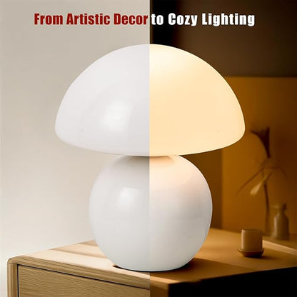 Mushroom Table Lamp, Ceramic Base with Milky White Glass Shade, Vintage Dimmable Bedside Nightstand Lamp for Bedroom, Reading, Home Décor, Gift for Friends White