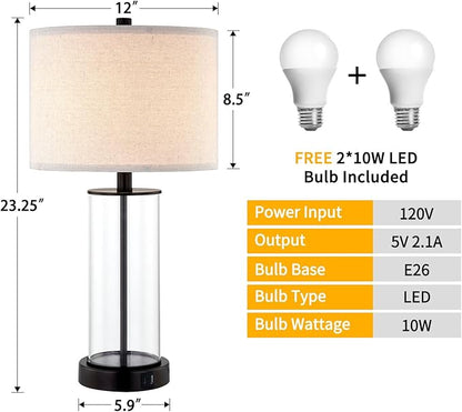KAWOTI 23'' Clear Glass Table Lamp Set of 2 Bedroom Lamps with USB Ports and AC Outlet Living Room Nightstand Lamp Bulbs Included