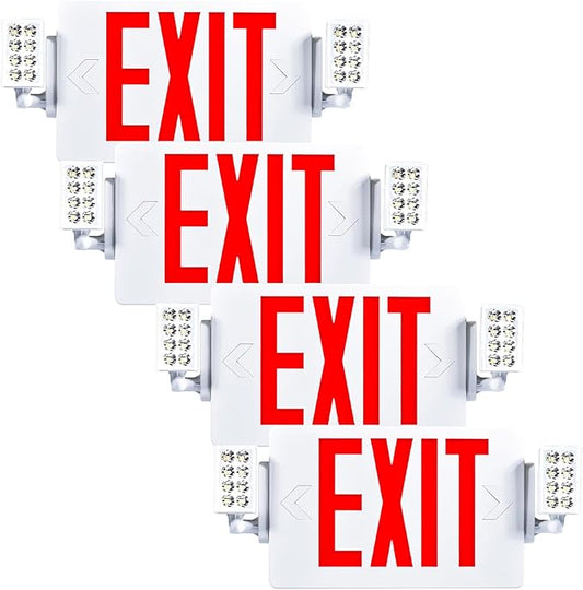 Sunco Exit Signs With Emergency Lights, Two Adjustable LED Lights With Backup Battery, Red, 94V-0 Fire Resistant, 120-277V, Wall Or Ceiling Mount, Commercial Grade UL 4 Pack.
