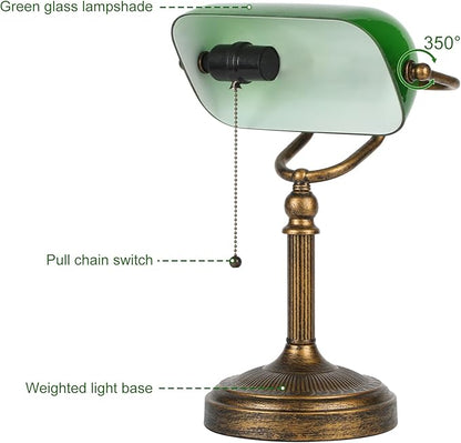 NISSAFORS Bankers Desk Lamp, Green Glass Shade, Vintage Desk Lamp with Pull Chain Switch, Retro Table Lamps for Home Office (Retro Gold+Green, Large)