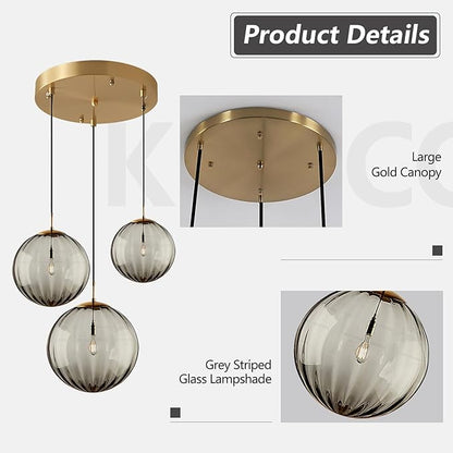 KCO Lighting Modern Gold 3 Light Hanging Pendant Light Large Smoke Glass Globe Cluster Chandelier Brush Brass Kitchen Island Light Fixture Nordic Multi Light Pendant Lighting