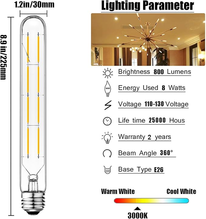 XININSUN T10 LED Bulb, 8.9 Inch Tubular Light, 80W Equivalent, 800lm, Dimmable, E26 Base, Clear Glass, Soft White 3000K