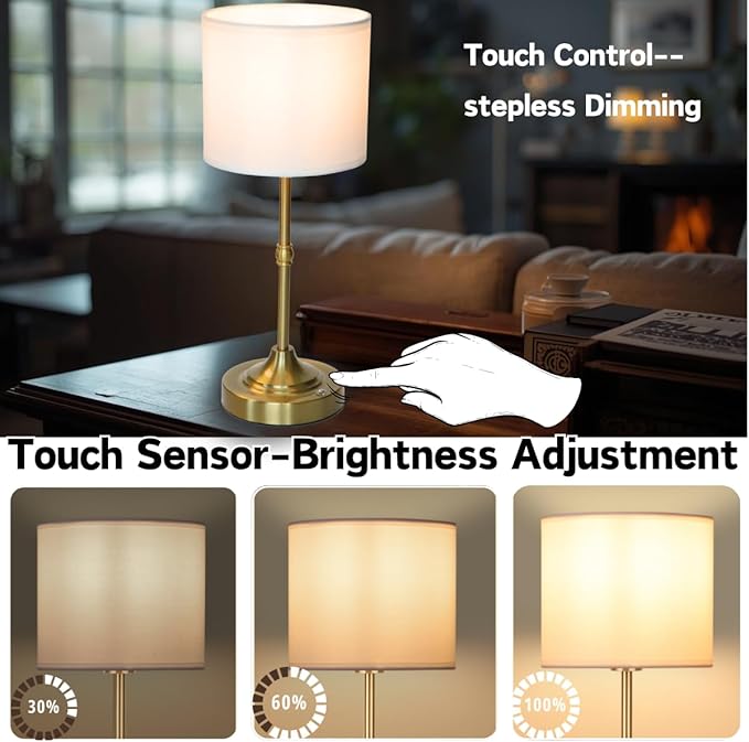 Rechargeable Table Lamp, Cordless Touch Lamps, Portable Desk Light with Stepless Dimmable Brightness & Fabric Shade for Nightstand Bedside Living Room (Gold, Straight)