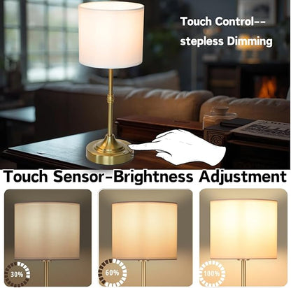 Rechargeable Table Lamp, Cordless Touch Lamps, Portable Desk Light with Stepless Dimmable Brightness & Fabric Shade for Nightstand Bedside Living Room (Gold, Straight)