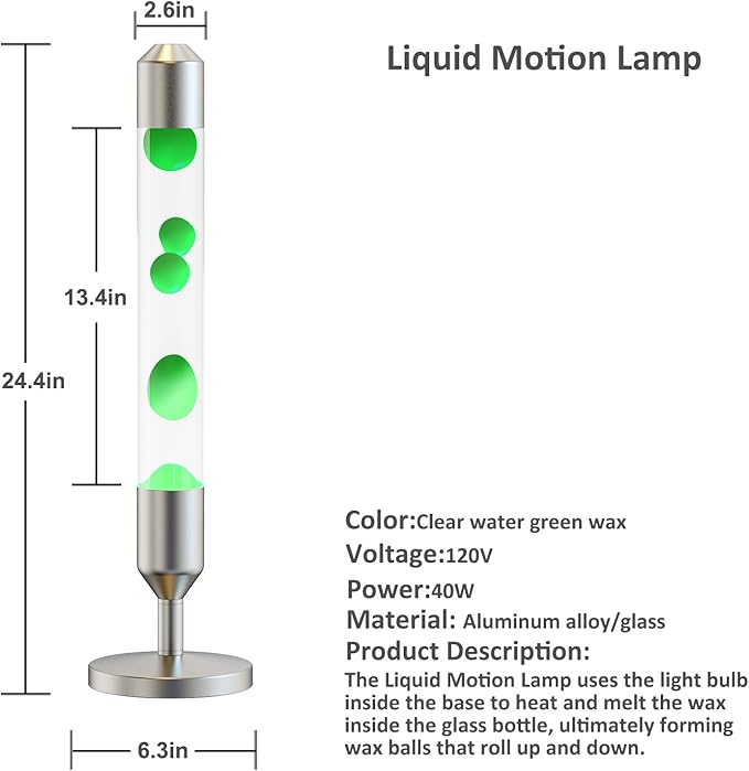 24.4-Inch Relaxing Liquid Motion Lamps,Magma Lamps, Home Decor Living Room Office Bedroom Lamp ((Green Wax White Water/Silver))