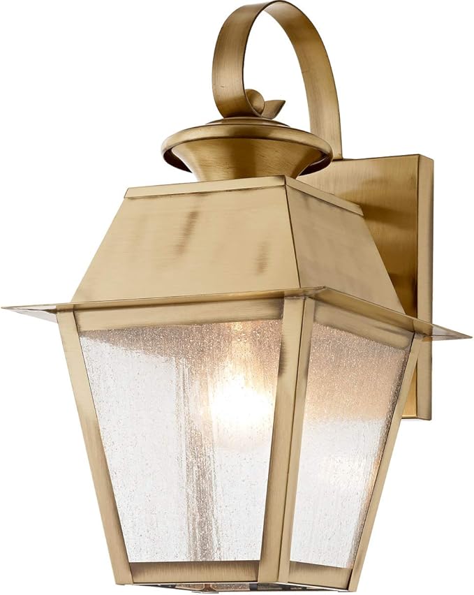 Livex Lighting 2162-01 Transitional One Light Outdoor Wall Lantern from Mansfield Collection Finish, Antique Brass, 7.5" W x 12.5" H