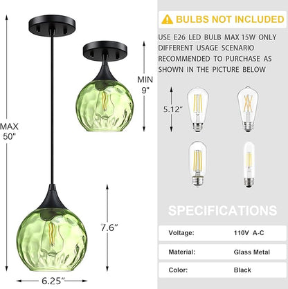 3 Pack 6.3" Hammer Green Glass Pendant Ceiling Light Fixtures Black Finish Modern Farmhouse Dinning Over Sink Adjustable Height Cord