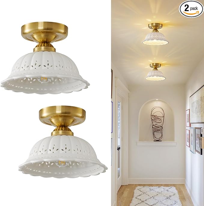 Vintage Ceramic Semi Flush Mount Ceiling Light - 2 Pack, Gold Hallway Light Fixture, Mid Century Small Close to Ceiling Lamp，Unique Flush Lighting Fixtures for Entryway Laundry Room Kitchen Cottage
