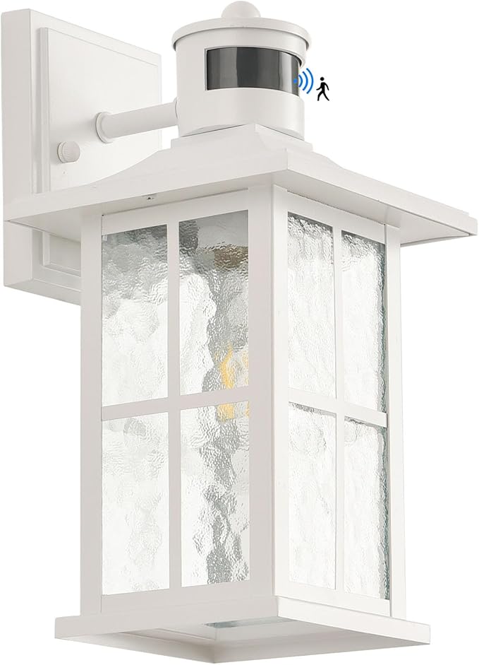 Motion Sensor Outdoor Wall Light Fixtures Dusk to Dawn Exterior Porch Lantern White Outside Sconce Lighting Rustic Wall Mount Lamp with Water Ripple Glass for House Garage Patio Entryway