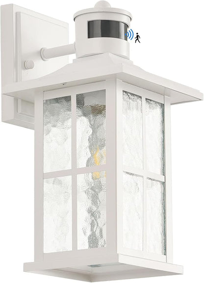Motion Sensor Outdoor Wall Light Fixtures Dusk to Dawn Exterior Porch Lantern White Outside Sconce Lighting Rustic Wall Mount Lamp with Water Ripple Glass for House Garage Patio Entryway