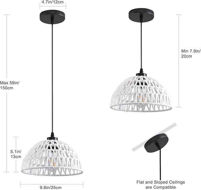 3 Pack Woven Pendant Light Fixtures,10.2" White Rattan Pendant Lights Farmhouse Basket Light Fixture Adjustable Boho Hanging Lamp for Kitchen Island Bedroom Dining Room Foyer Hallway