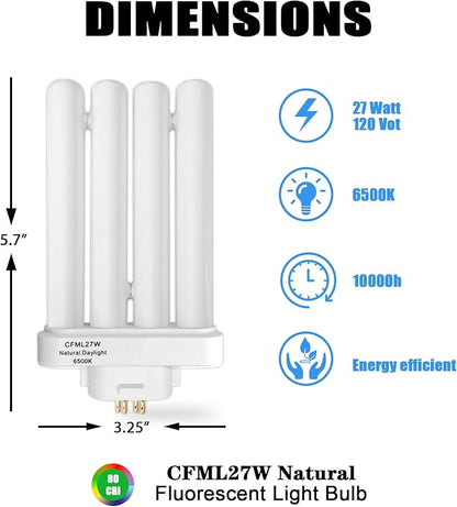 CFML27VLX Replacement Bulb for Verilux CFML27VLX 27 Watt Fluorescent Bulb, Natural Daylight,4-Pin GX10Q-4 Base, 6500K Daylight, 3 Pack