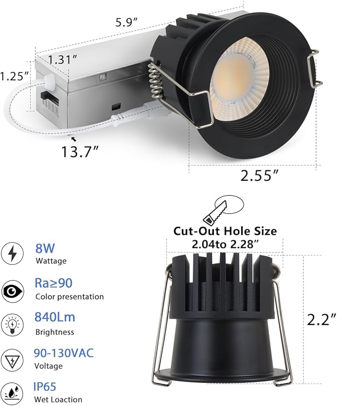 Adetu 2 Inch 5CCT Black Anti-Glare LED Downlight with Junction Box, 2700K/3000K/4000K/5000K Selectable, CRI90+, 8W COB, 840LM, IP65 Waterproof, Dimmable-ETL and Energy Star Certified (Black,6 Pack)