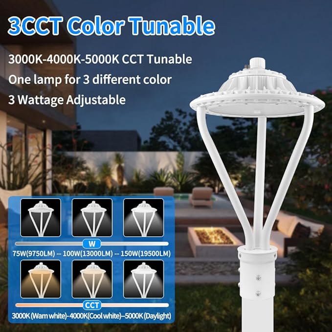 LED Post Top Light 75/100/150W Adjustable 19500 LM 3000/4000/5000K LED Circular Area Light Outdoor Pole Lights with Photocell, IP67 Parking Lot Lights Fixture Commercial Lighting, 100-277V