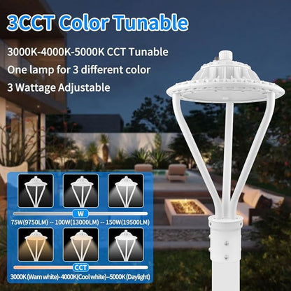 LED Post Top Light 75/100/150W Adjustable 19500 LM 3000/4000/5000K LED Circular Area Light Outdoor Pole Lights with Photocell, IP67 Parking Lot Lights Fixture Commercial Lighting, 100-277V