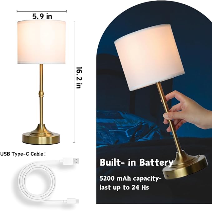 Rechargeable Table Lamp, Cordless Touch Lamps, Portable Desk Light with Stepless Dimmable Brightness & Fabric Shade for Nightstand Bedside Living Room (Gold, Straight)