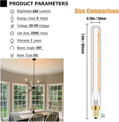Leools E12 LED Tube Bulbs,T6 Tubular Edison Style LED Filament Bulb, 6W Dimmable Antique LED Bulb,E12 Base,Clear Glass,Warm White,2700K,750LM(60-75W Equivalent),7.3in,Pack of 6