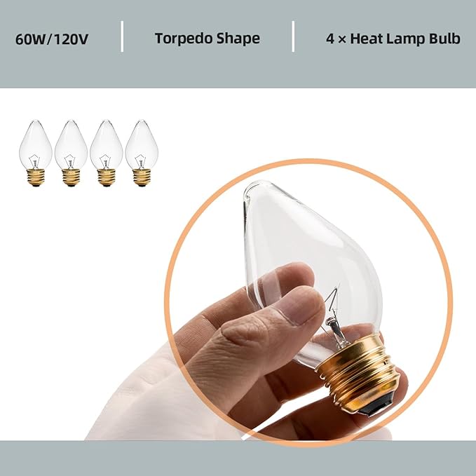 02.30.043.00 60 Watt Light Bulb Compatible with Hatco Heat Lamp Bulb, E25 High Temp Lamp for Commercial Heat Warmers, Torpedo Shaped Bulbs, 4 Packs