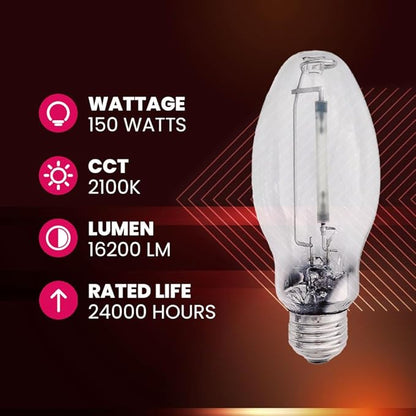 LU150/MED High Pressure Sodium Light Bulb, 150 Watts, ED17/MED, Medium Base (E26), ANSI Code S55, 16200 Lumen, 24000 Life Hours, Clear Bulb, 2100K, 2 Pack