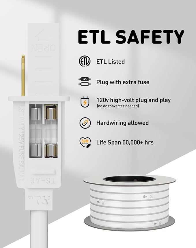 Shine Decor LED Rope Lights AC 120V, Connectable & Cuttable Dotless 120LEDs/M Eco Neon Strip Lighting, ETL IP65 Waterproof & Weather-Resistant for Home Commercial, 8x16mm, 6000K Cool White, 50FT