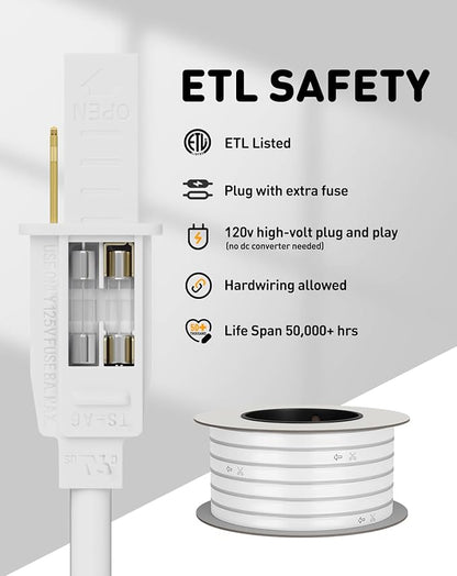 Shine Decor LED Rope Lights AC 120V, Connectable & Cuttable Dotless 120LEDs/M Eco Neon Strip Lighting, ETL IP65 Waterproof & Weather-Resistant for Home Commercial, 8x16mm, 6000K Cool White, 50FT