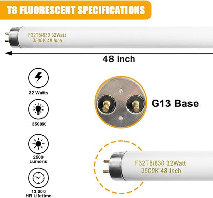 amgolibi F32T8/830 T8 32 Watt Fluorescent Tube 48 Inch 3000K Warm White, 4 Foot Fluorescent Light Bulb, 2950 Lumen, F32T8/TL935/ALTO, G13 Medium Bi-Pin Base, 25 Pack