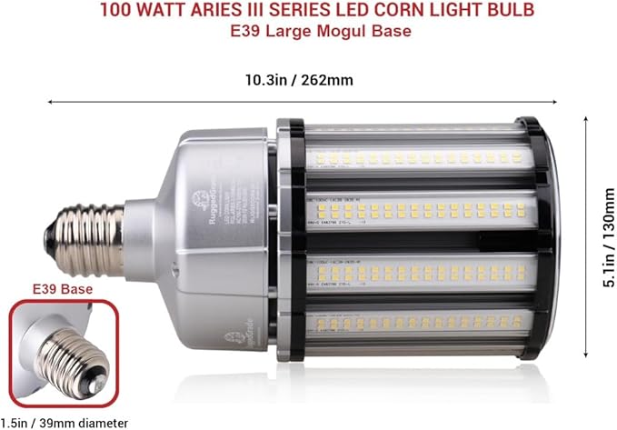 RuggedGrade Aries III 100W LED Corn Bulb | 13,400 Lumens | 4000K Natural White | E39 Base | Fanless Design | 6KV Surge Protection | DLC 5.1 Premium