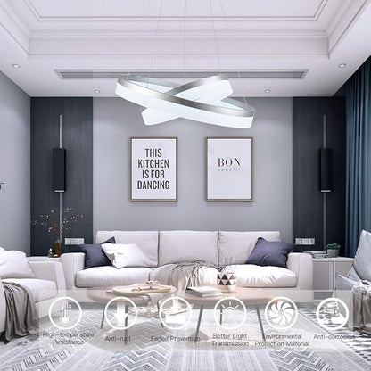 LED Silver Chandeliers Modern Pendant Light, 2 Rings Dimmable Chandelier Lighting Fixture for Living Room Bedroom Kitchen Island Resturant Dining Room 6000K Cool White