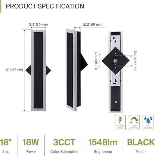 ASD LED 18" Long Wall Mount Light Fixture, Outdoor & Indoor Linear Sconce | 3CCT, Dimmable, Waterproof, Anti-Rust, ETL Listed | 18W 1500LM 3000-5000K 100-277V | Exterior Porch Lighting | Black, 2 Pack