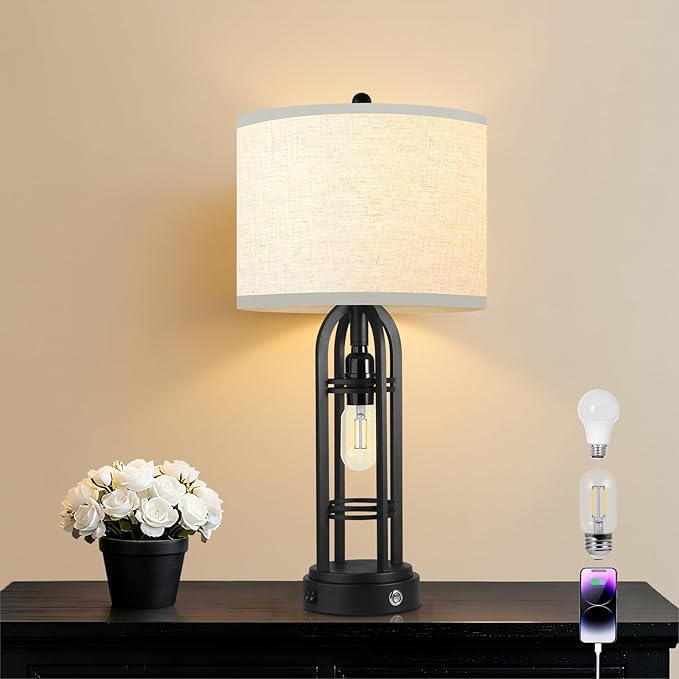 Bedroom Lamps, Side Table Lamp, 3-Way Dimmable Touch Lamp, Stepless Dimming, Bedside Lamps with Charging Ports, Black Table Lamps for Living Room(Bulbs Included) - 1 Pack