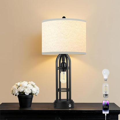 Bedroom Lamps, Side Table Lamp, 3-Way Dimmable Touch Lamp, Stepless Dimming, Bedside Lamps with Charging Ports, Black Table Lamps for Living Room(Bulbs Included) - 1 Pack