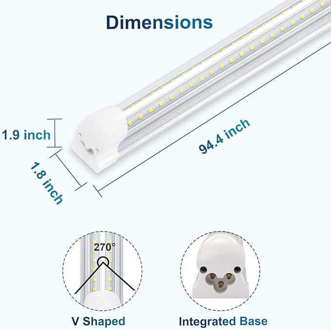 25 Pack LED Shop Lights,8FT 72W 7200LM 6500K,T8 Tube Light Daylight White,V Shape High Output,Clear Cover,8 Light Linkable,LED Garage Lights 8 Foot