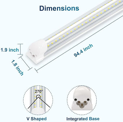 25 Pack LED Shop Lights,8FT 72W 7200LM 6500K,T8 Tube Light Daylight White,V Shape High Output,Clear Cover,8 Light Linkable,LED Garage Lights 8 Foot