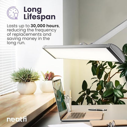 Neatfi Ultra 3,500 Lumen LED Desk Lamp, Color Correlated Temperature, 3 Light Modes, Dimmable, 45W, 26 Inch Wide Metal Shade, 540 SMD LEDs (CCT with Clamp, Silver)