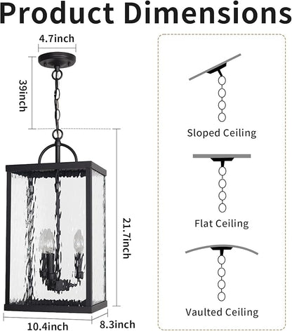 Large Outdoor Pendant Light, 22" Farmhouse Hanging Lantern with Water Ripple Glass, Vintage Black Adjustable Exterior Chandelier Fixture Ceiling Light for Porch, Patio, Gazebo, Entryway