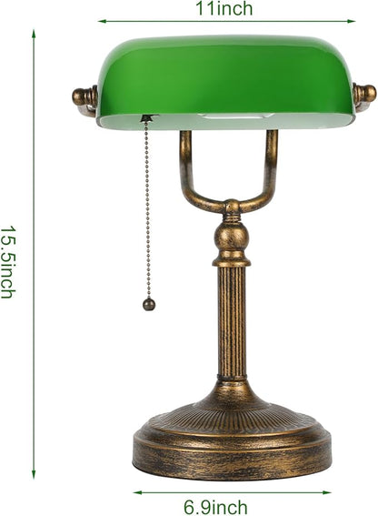 NISSAFORS Bankers Desk Lamp, Green Glass Shade, Vintage Desk Lamp with Pull Chain Switch, Retro Table Lamps for Home Office (Retro Gold+Green, Large)