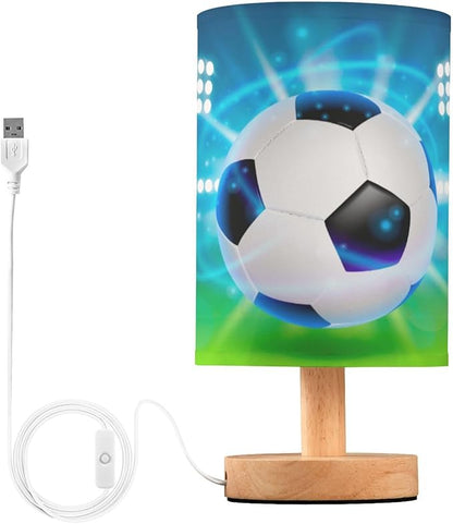 Bedside Lamp Soccer Ball on Field Table Lamp for Bedroom LED Nightstand Lamp Shade USB Ports Wood Base for Living Room Dorm Office