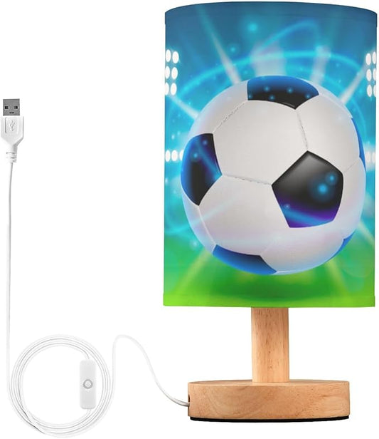 Bedside Lamp Soccer Ball on Field Table Lamp for Bedroom LED Nightstand Lamp Shade USB Ports Wood Base for Living Room Dorm Office