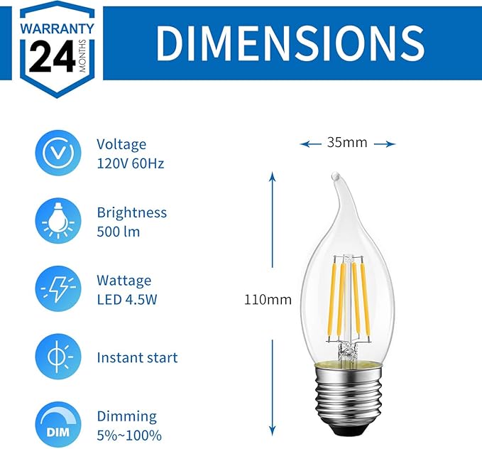 ANWIO Flame Tip LED Filament Bulb Candelabra E26 Base, Dimmable 4.5W (60W Equivalent) B11 Chandelier Candle Light Bulb，2700K Warm White 6-Pack