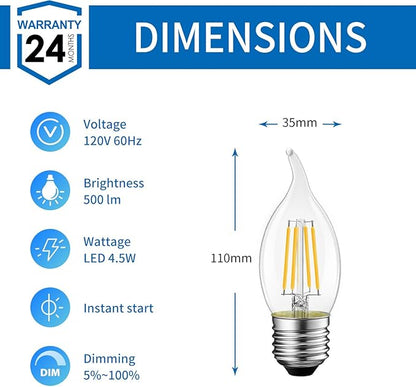 ANWIO Flame Tip LED Filament Bulb Candelabra E26 Base, Dimmable 4.5W (60W Equivalent) B11 Chandelier Candle Light Bulb，2700K Warm White 6-Pack