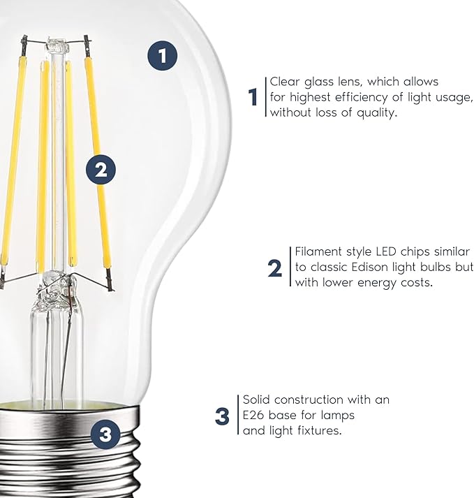 LUXRITE Vintage A19 LED Light Bulbs 60W Equivalent, 5000K Bright White Dimmable, 800 Lumens, Standard LED Edison Bulb 8W, UL Listed, E26 Base (4 Pack)